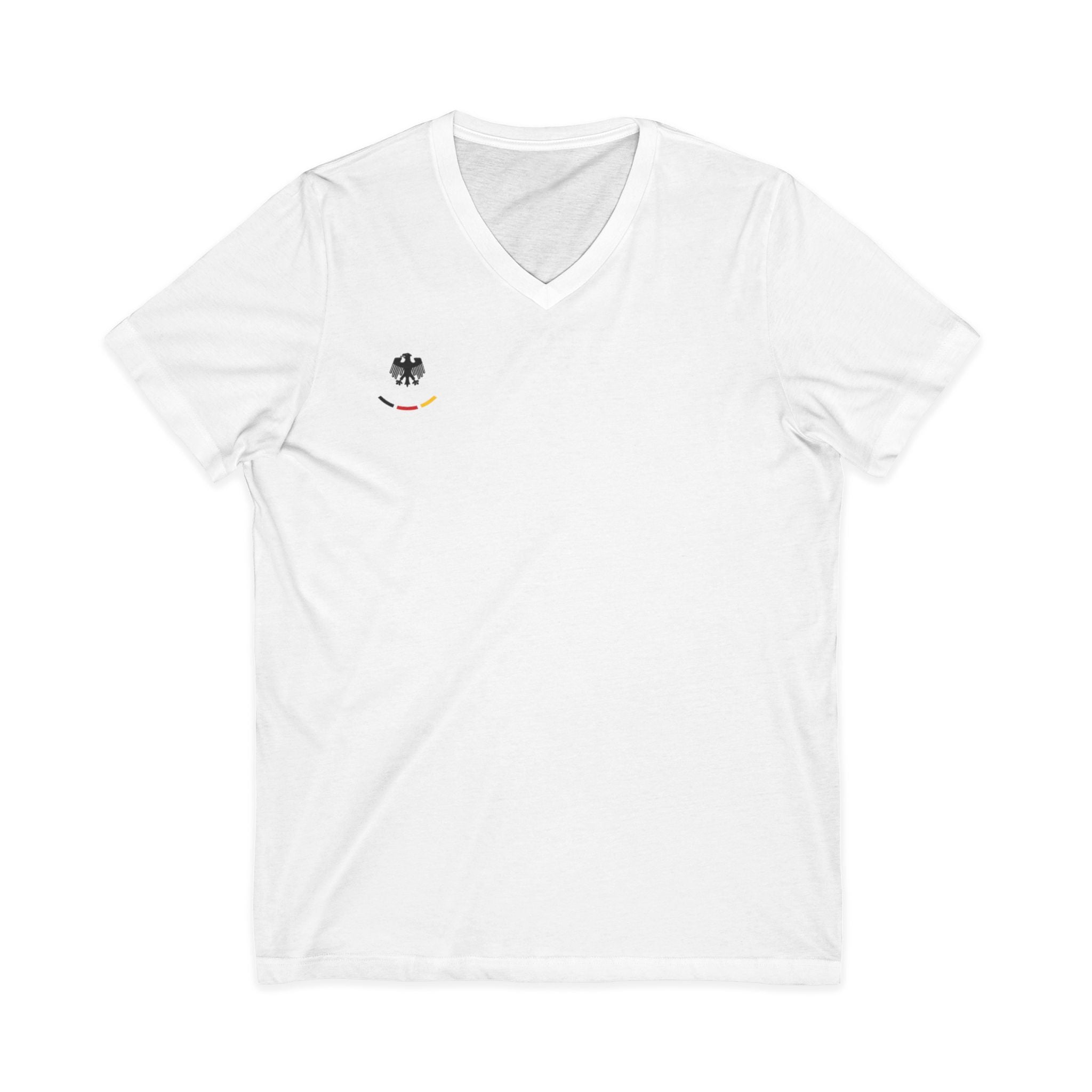V-Neck Tee — "Mein Arzt hat mir Sport empfohlen, schaue jetzt 90 Minuten täglich" German Fitness Shirt