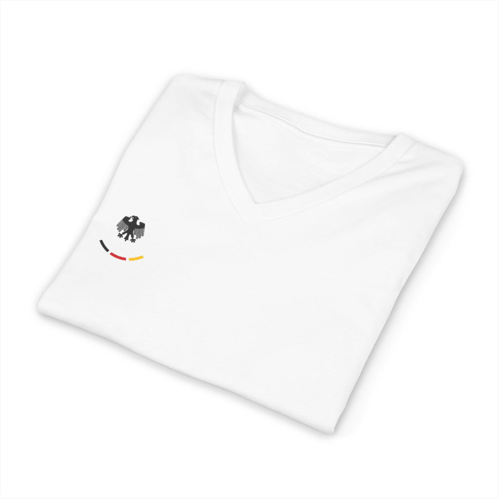 V-Neck Tee — "Mein Arzt hat mir Sport empfohlen, schaue jetzt 90 Minuten täglich" German Fitness Shirt